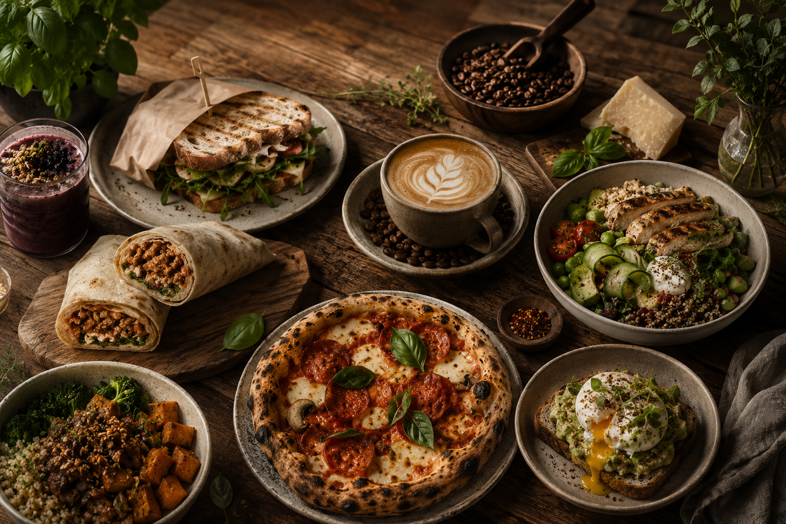 Grain and Grind cafe food, coffee, pizza, and meal prep spread
